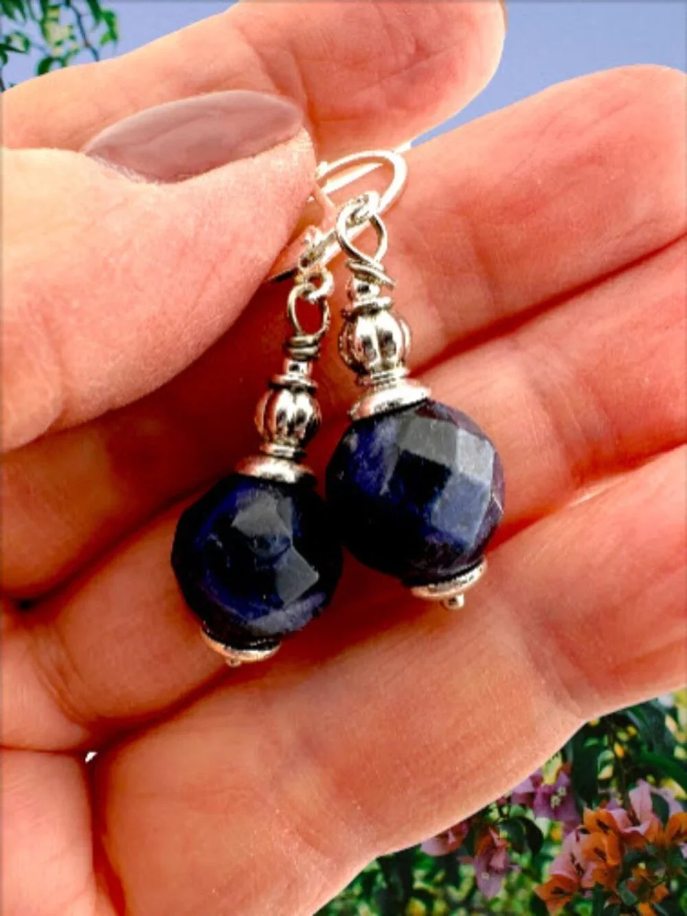 Navy Blue Sodalite Earrings Faceted Dangle Drop 925 Sterling Silver Leverbacks